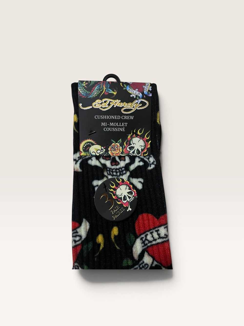 Ed Hardy Black Crew Socks with Red Heart and Multicolor Tattoo Skulls